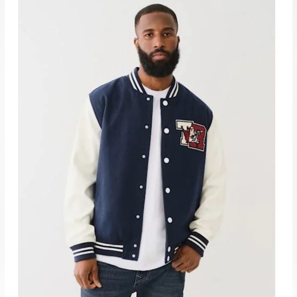 True Religion Men's Blue Horseshoe Patch Varsity Jacket Size Large